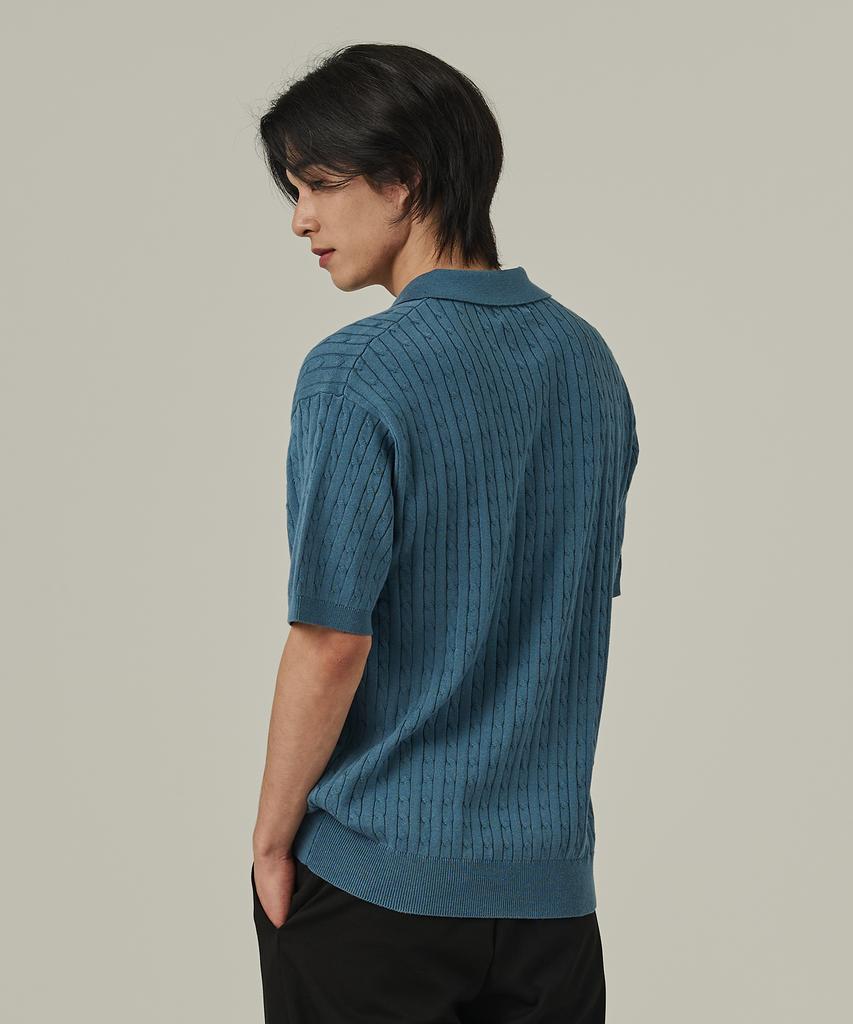 ANALOG MOOD Cable Open Collar Short Sleeve Knit (Blue)