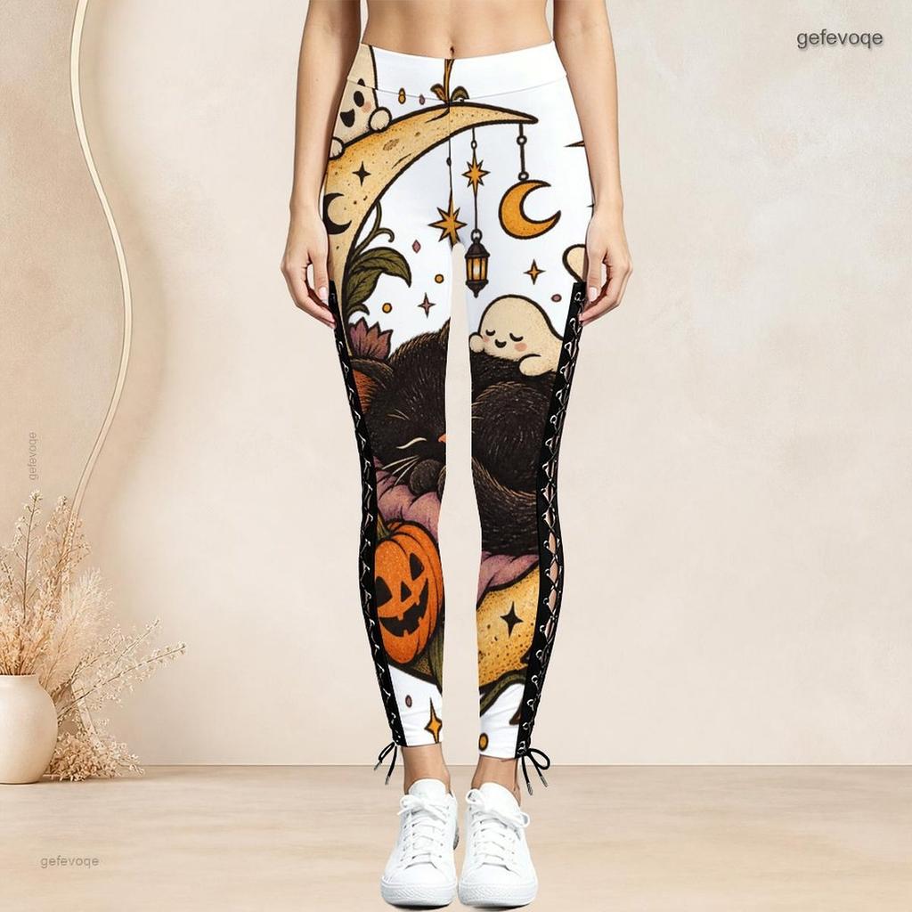 Women Plus Size High Waist Panda Halloween Printed Side Eyelet Lace Up Full Length Fitted Leggings