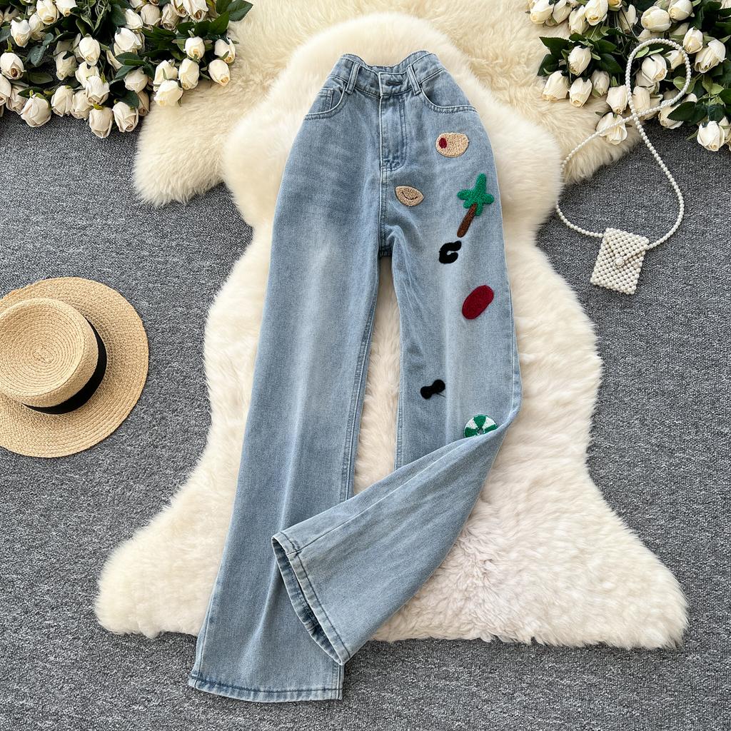 Женские модные вышитые прямые джинсы с высокой талией, повседневные джинсы полной длины с карманом