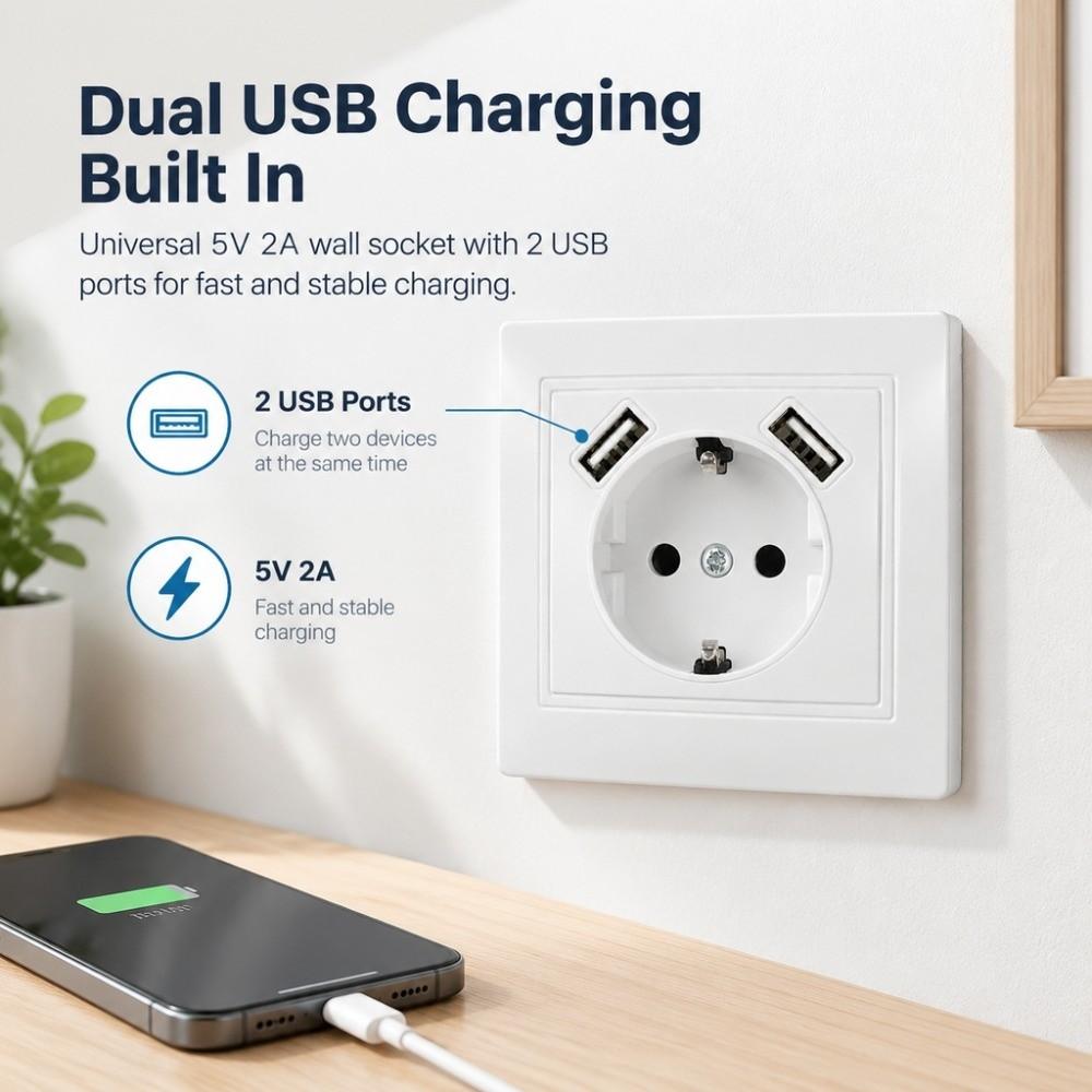 with 2 USB Wall Socket EU Standard USB Charger Power Socket Durable Power Wall Outlet  Travel Use