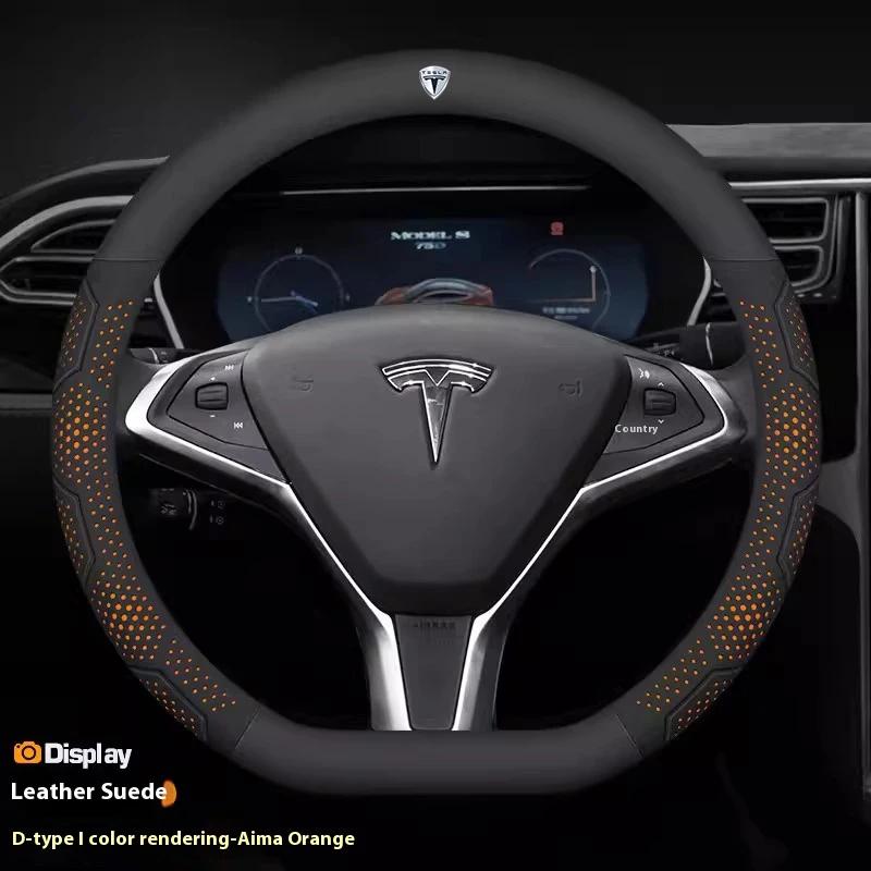 ALM1 Tesla Model 3 Y S Model X Roadster Car Carbon Fiber Suede Leather Anti-slip Breathable Car Steering Wheel Cover Auto Accessories