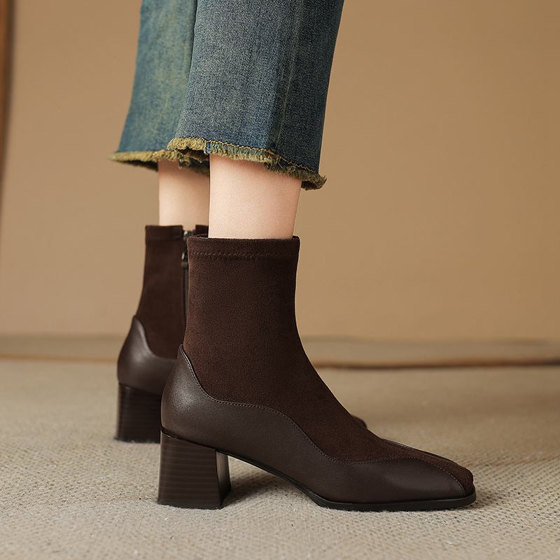 Krazing Pot Cow Skin Flock Autumn Winter Shoes Big Size Modern Boots Med Heels Patch Work Square Toe Keep Warm Size 43 Ankle Boots