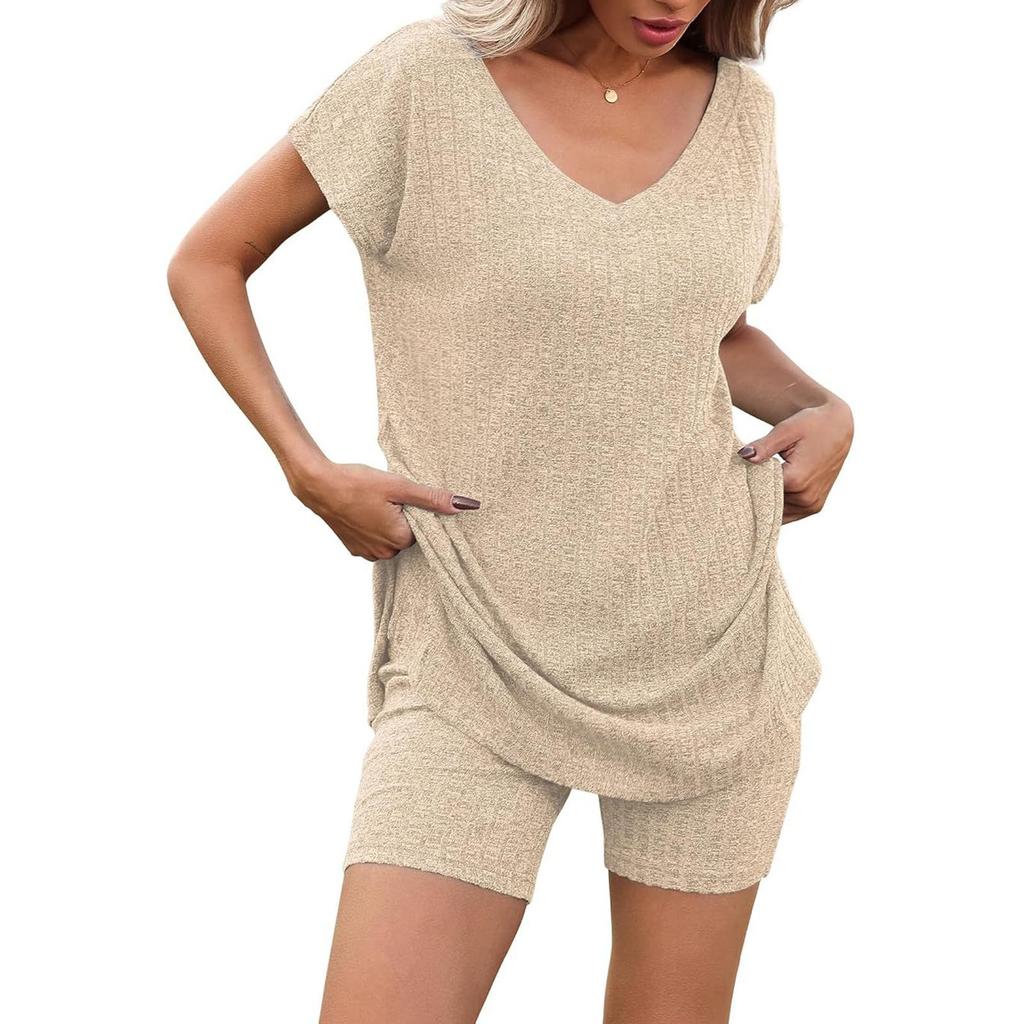 Женский летний комплект из двух частей с шортами, трикотажный домашний спортивный костюм с V-образным вырезом