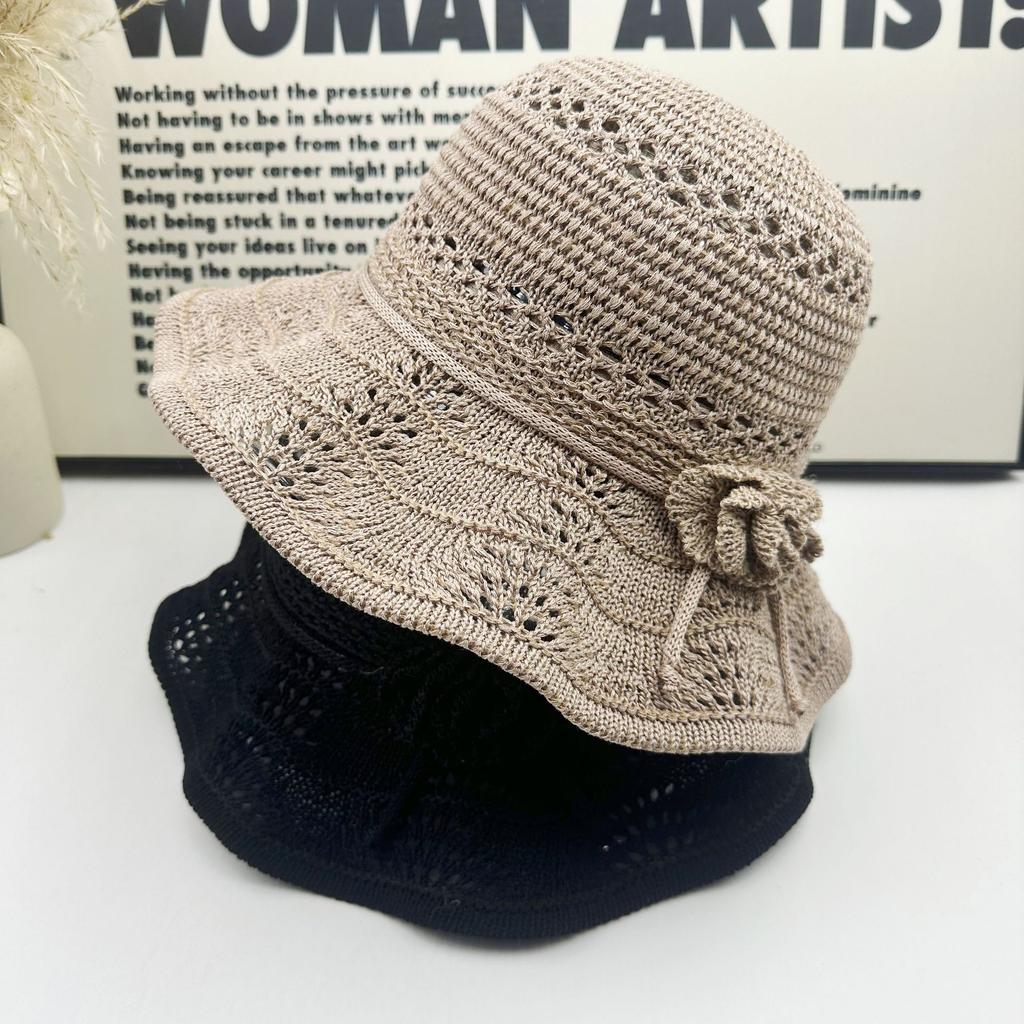 Spring and summer new knitted hollow bucket hat women's three-dimensional flowers show a small face sunscreen visor breathable versatile basin hat