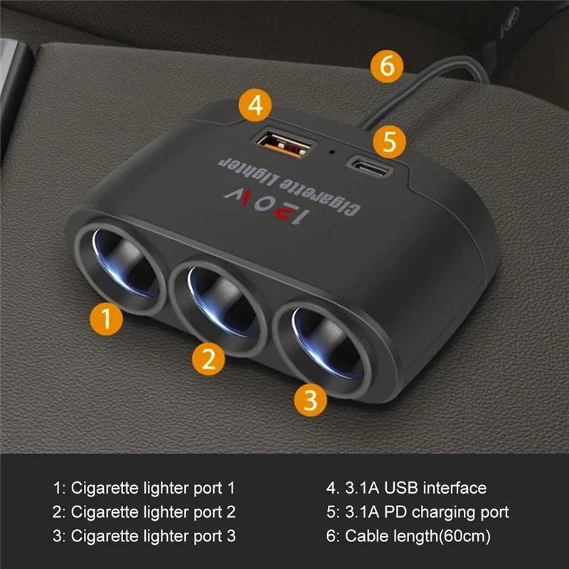 Розетка двойного USB PD QC3.0 120 Вт Разветвитель прикуривателя автомобиля 12 В 24 В Быстрая зарядка Вилка Адаптер питания для телефона для автомобильного видеорегистратора