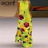Summer Women's Sleeveless Long V-Neck Printed Jade Flower Dresses