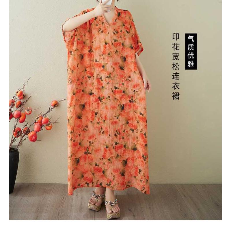 Women's Vintage Long Dress with Cotton and Linen Patterns