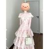 Sweet Wind Pink Floral Suspender Dress Temperament Great Good-looking Unique Beautiful Waist a Word Princess Dress