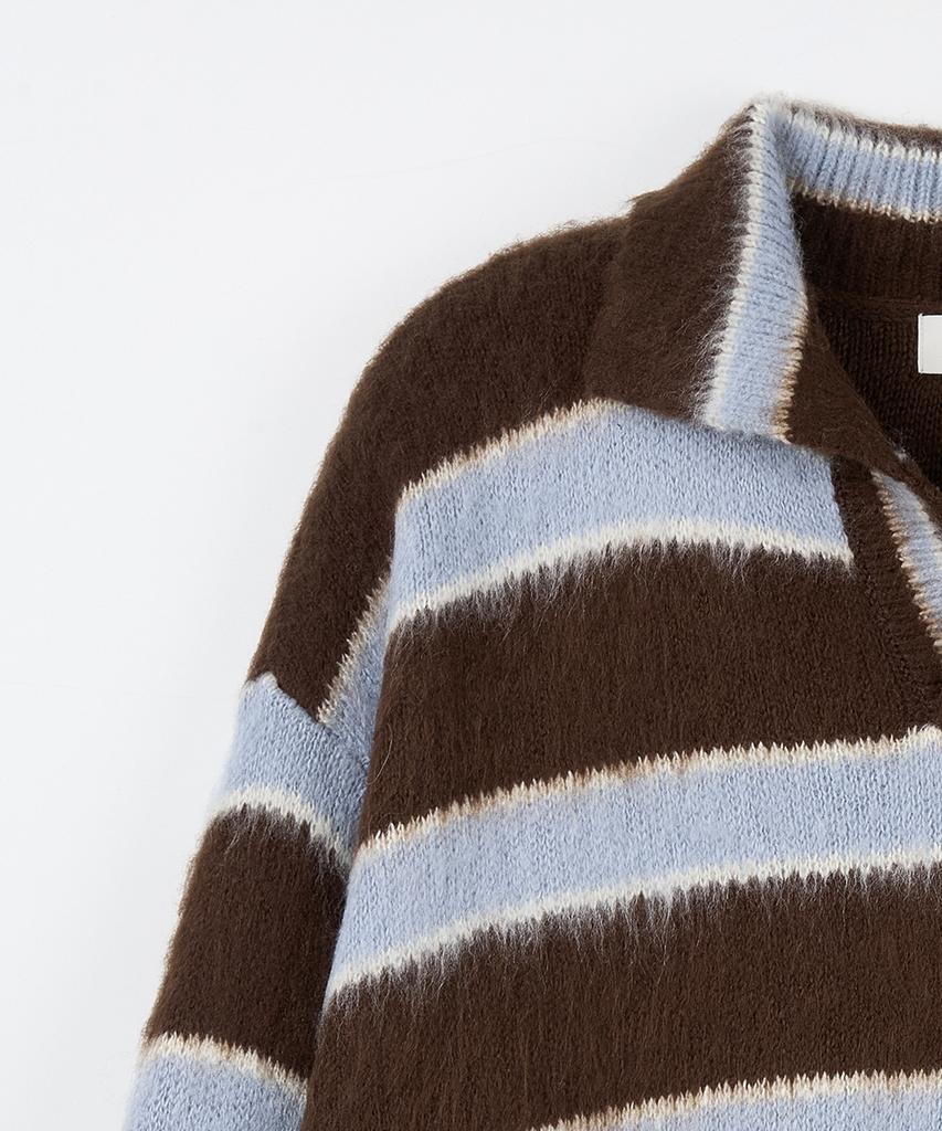 NODU Open Collar Striped Brush Knit [Brown]