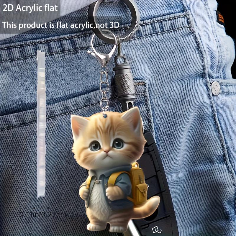 2D Плоский Акриловый Мультяшный Брелок Котик - Милый Дизайн в Голубой Куртке и с Желтым Рюкзаком, Кольцо-Застежка - Идеальный Пасхальный Подарок для Любителей Кошек