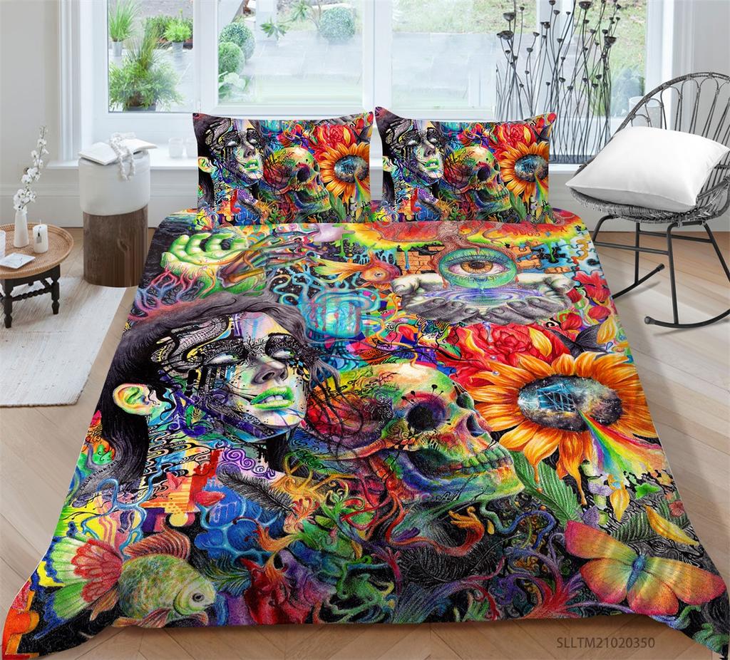 3D Black Skull Head Pattern Bedding Single Double Bed Full Size Special Skull Head Print Pillowcase and Quilt Cover 2 or 3 Comfortable Home Decoration