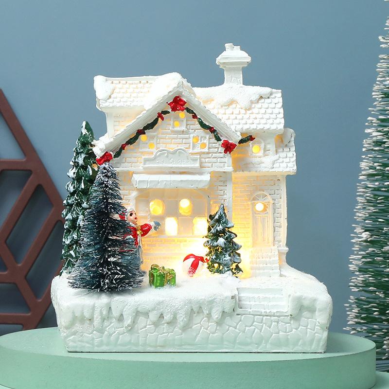 Resin Rotating Christmas Village House Statue Lighted Music Snow Village Desk Ornaments New Year 2024 Christmas Decoration