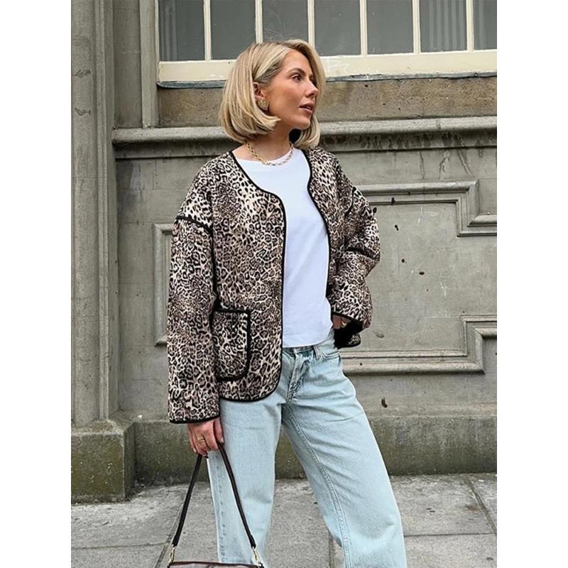 Fashion Leopard Printed Patchwork Coats for Women Casual Long Sleeve Loose Female Cotton Jacket 2024 Autumn Winter New Pocket Outerwear
