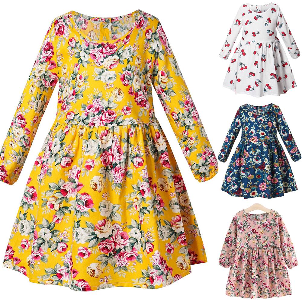Хлопковое детское платье с длинными рукавами и цветочным принтом для девочек