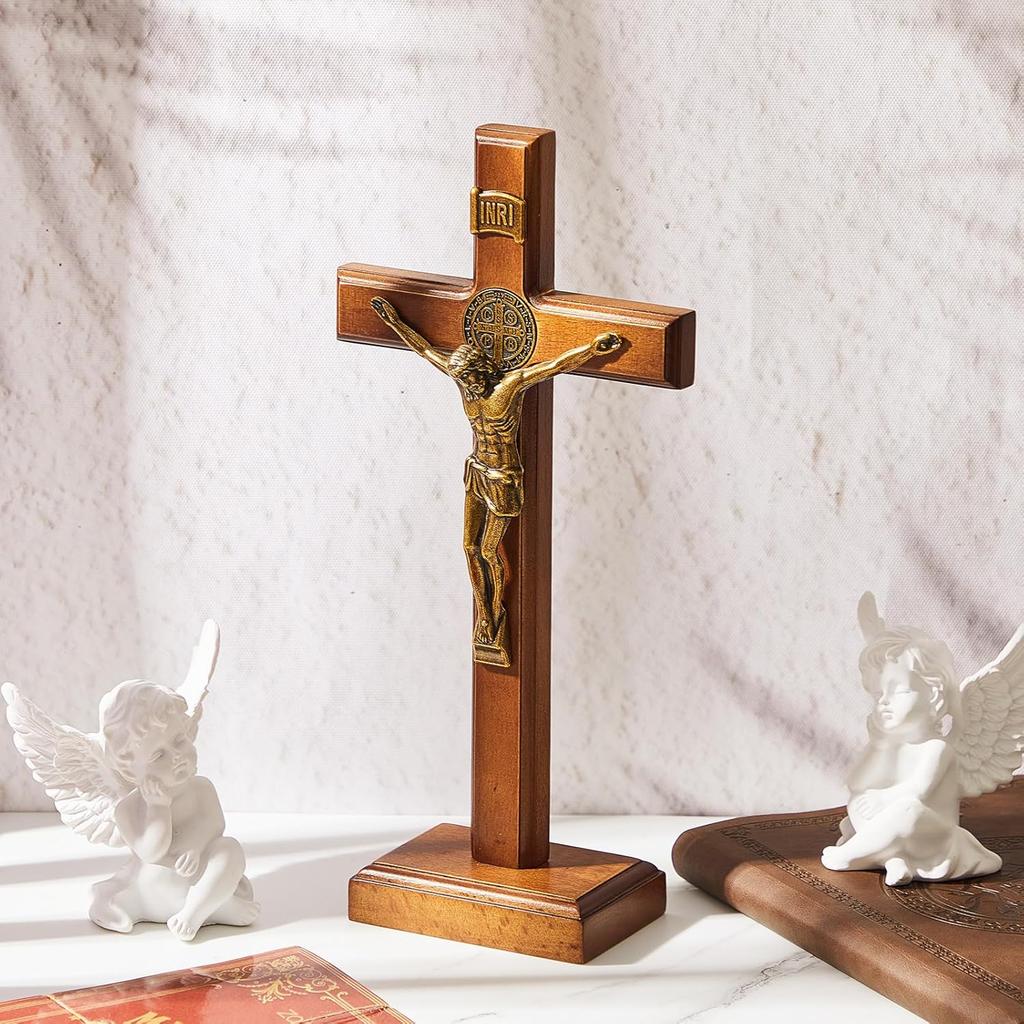 Leinuosen 101 дюйм Деревянный крест настенный и настольный Католический деревянный крест-подставка Украшение Иисус Христос Дом Крещение Святое Причастие Церковь