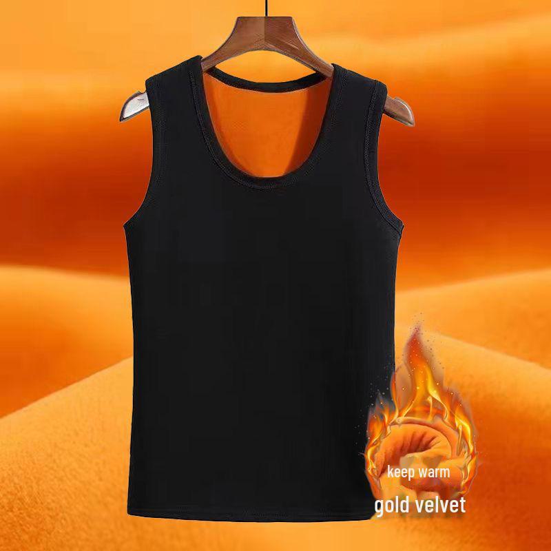 Мужской теплый жилет из золотистого бархата - плюс бархат, утолщенный, однотонный, круглая горловина, облегающая нижняя рубашка