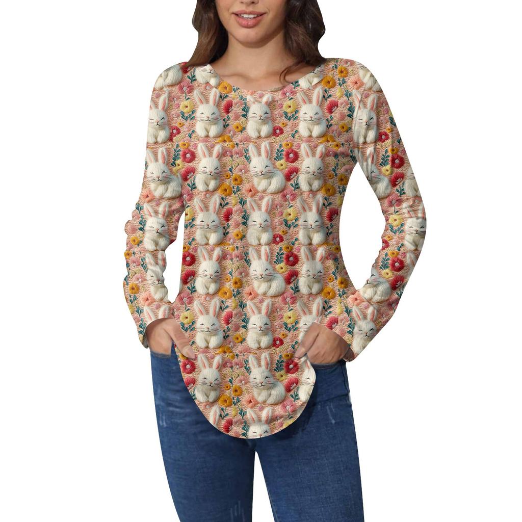 Пасхальные рубашки для женщин Милая футболка с принтом в виде сердца с длинным рукавом Туника Топы из хлопка Пуловеры