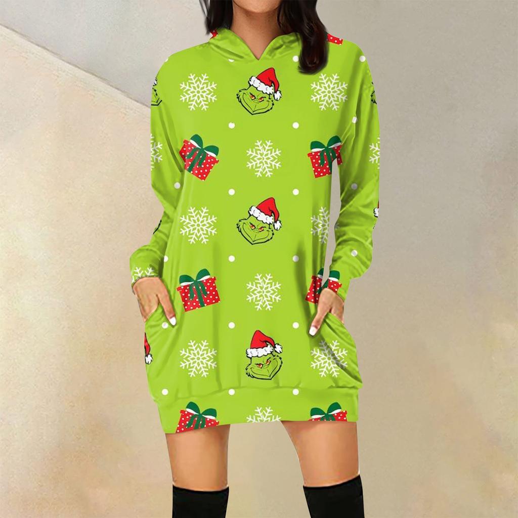 Женская свободная повседневная толстовка с капюшоном и карманом с длинными рукавами с рождественским принтом, длинный топ