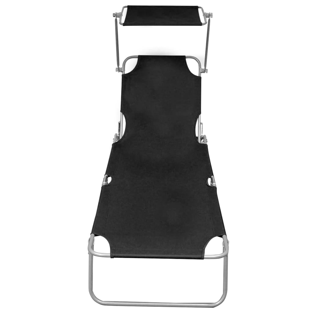 Folding Sun Lounger with Sun Canopy Black Aluminum
