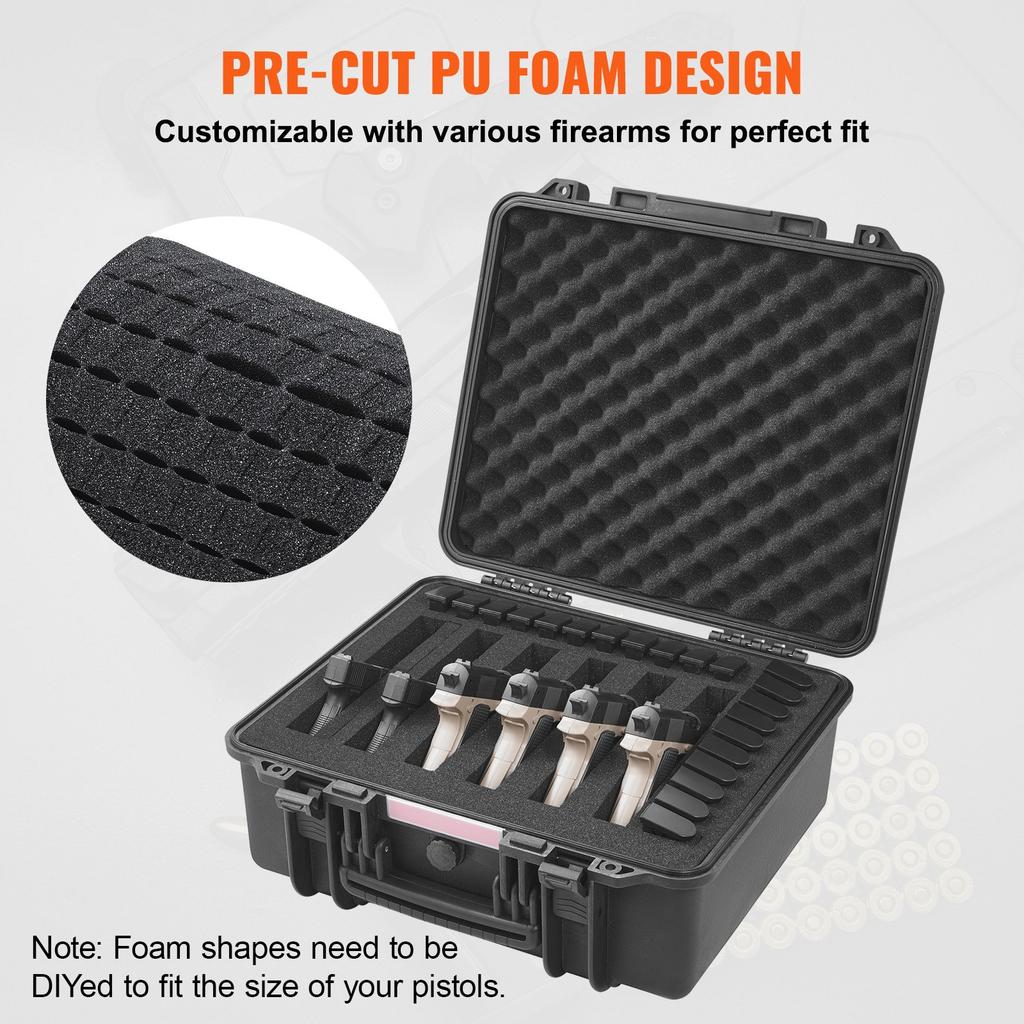 VEVOR Hard Pistol Cases with Pre-cut PU Foam, Waterproof & Dustproof Hard Gun Case for 6 Pistol, 19.3×17.1×8.3 in Lockable Pistol Case, Black
