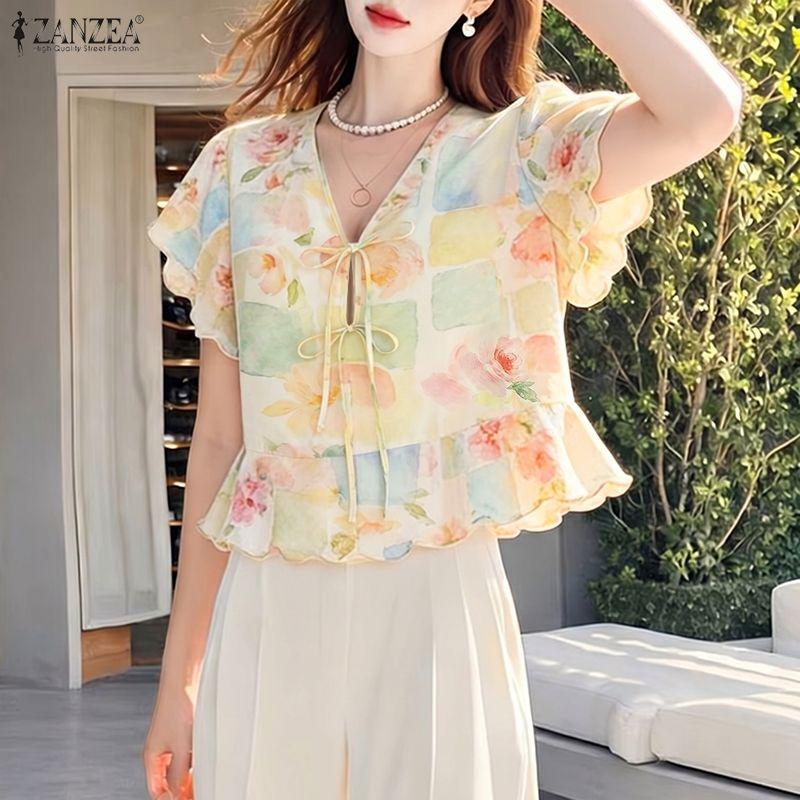 Elegant Floral Women Zanzea Print Casual Vneck Short Sleeve Blouse