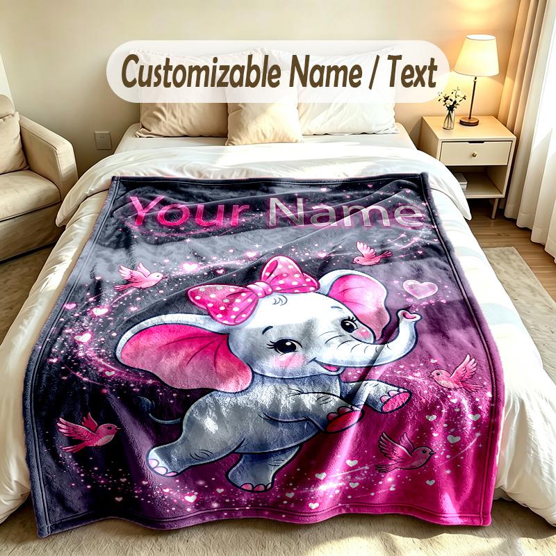 Elephant Theme Soft Blanket Personalized Custom Name Text Print Warm Blanket Home Sofa Bedroom Decor