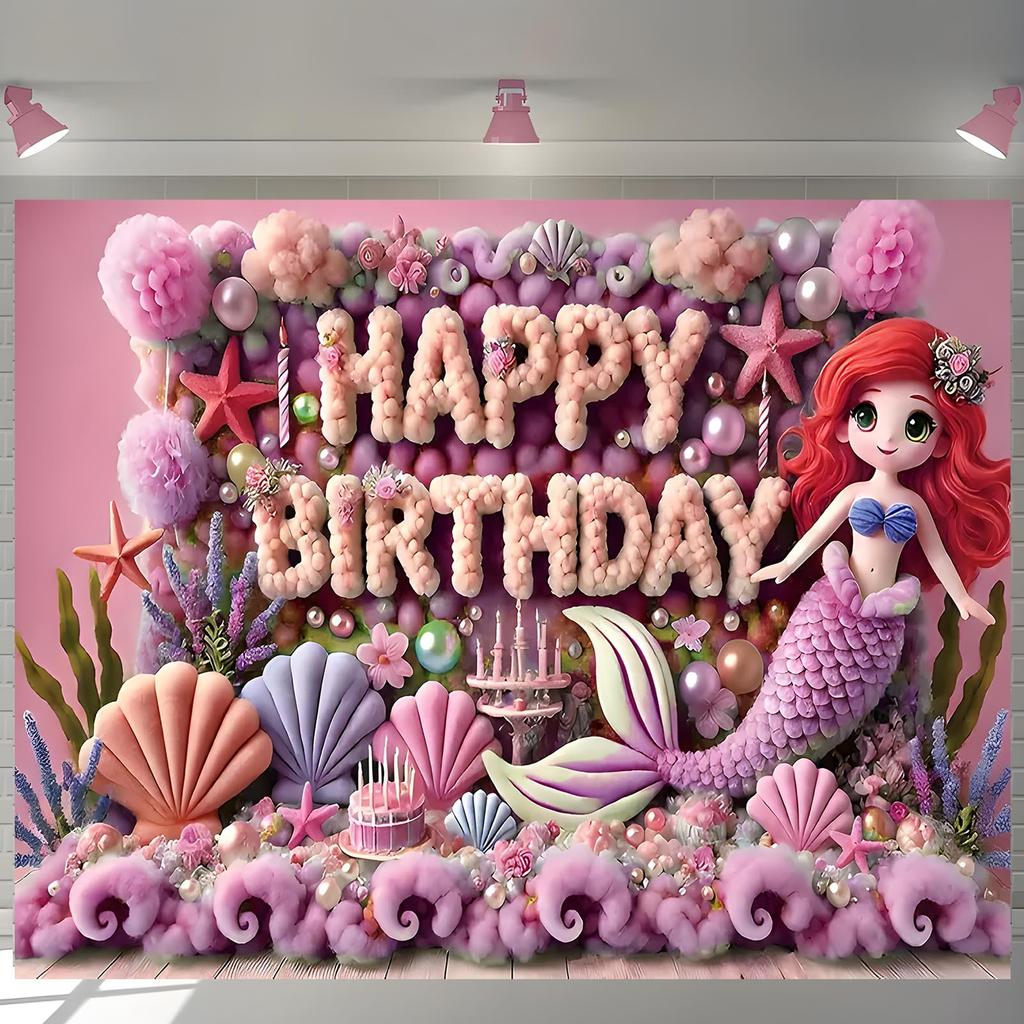 1 Mermaid Happy Birthday Background Banner - with colorful marine life coral and shell decorationsL