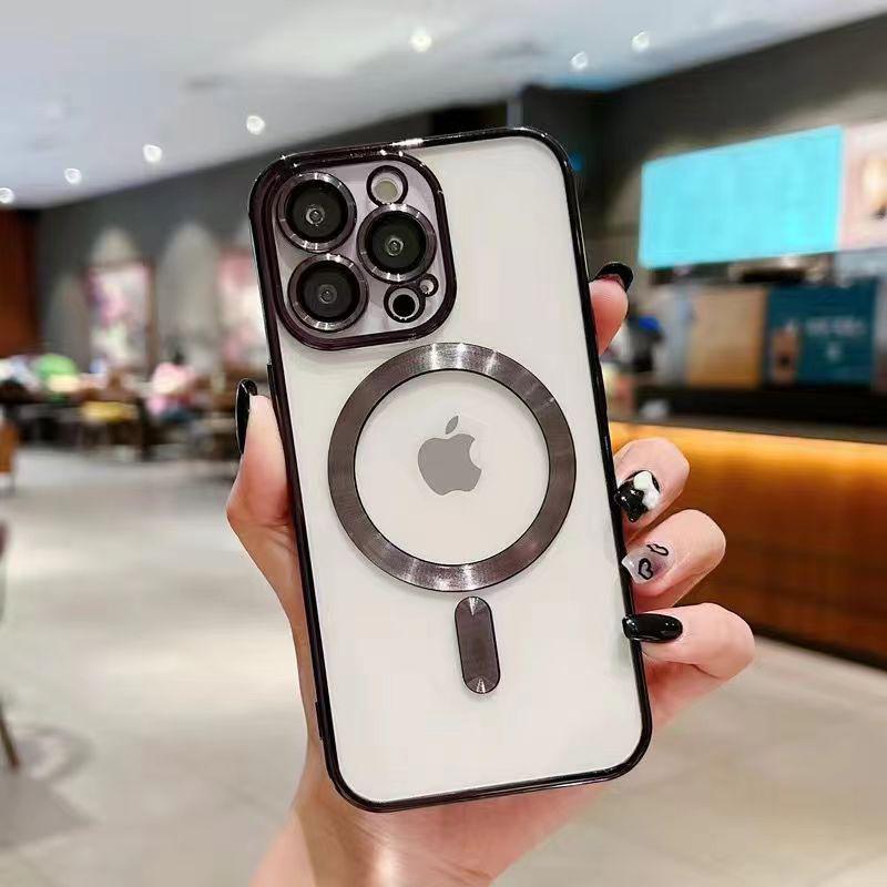 Подходит для iPhone 15 Прозрачный Гальванический Магнитная Адсорбция Apple X Полное Покрытие Мягкий Чехол Apple 11 Поставляется с Защитным Чехлом для Объектива