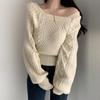 Elegant Square Neck Lantern Sleeve Twist Pullover Sweater Women's Loose Long Sleeved Knitted Bottoming Shirt Fashion Solid Color Casual Office Tops