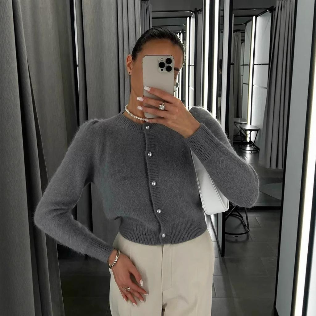 Кардиганы для женщин осенние с длинным рукавом вязаные на пуговицах с открытой передней частью повседневная верхняя одежда пальто женские пушистые с круглым вырезом объемные кардиганы свитера куртки