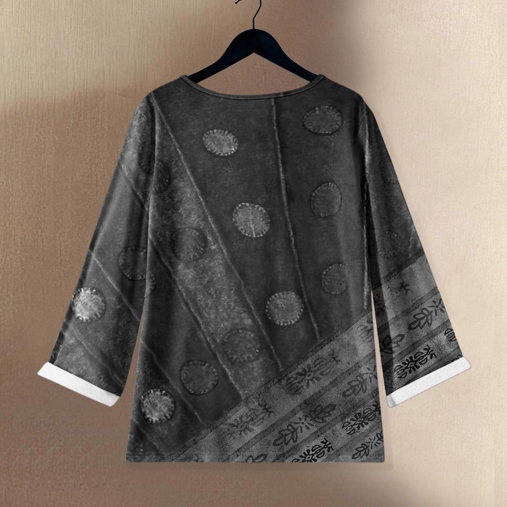 Женский повседневный топ с длинным рукавом и круглым вырезом из хлопка и льна с геометрическим принтом в стиле ретро