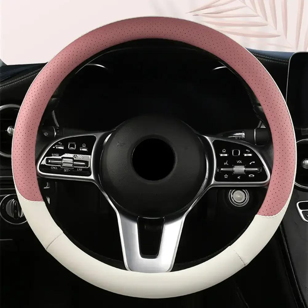 Perforated Nappa Leather Car Steering Wheel Cover Warm In Winter Cool In Summer Non-slip PU Leather Auto For 38cm Steering Wheel