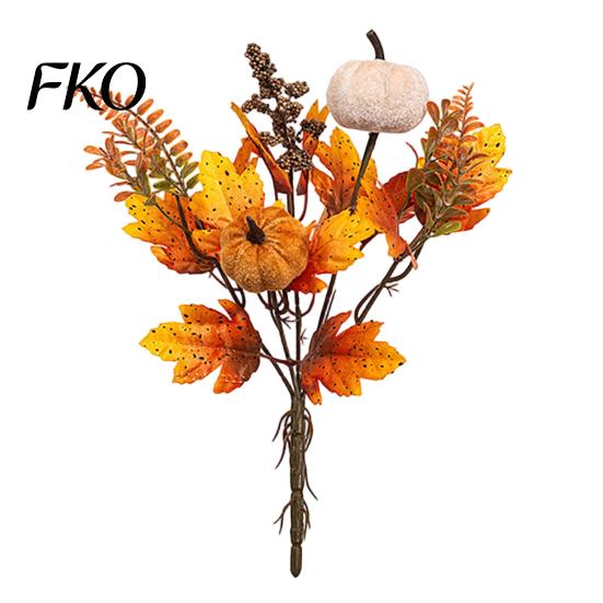 Reusable Autumn Bouquet Artificial Fall with Fabric Pumpkins Maple Leaves Wheat Berries, Orange Yellow Brown Home Decor for Thanksgiving Centerpieces,
