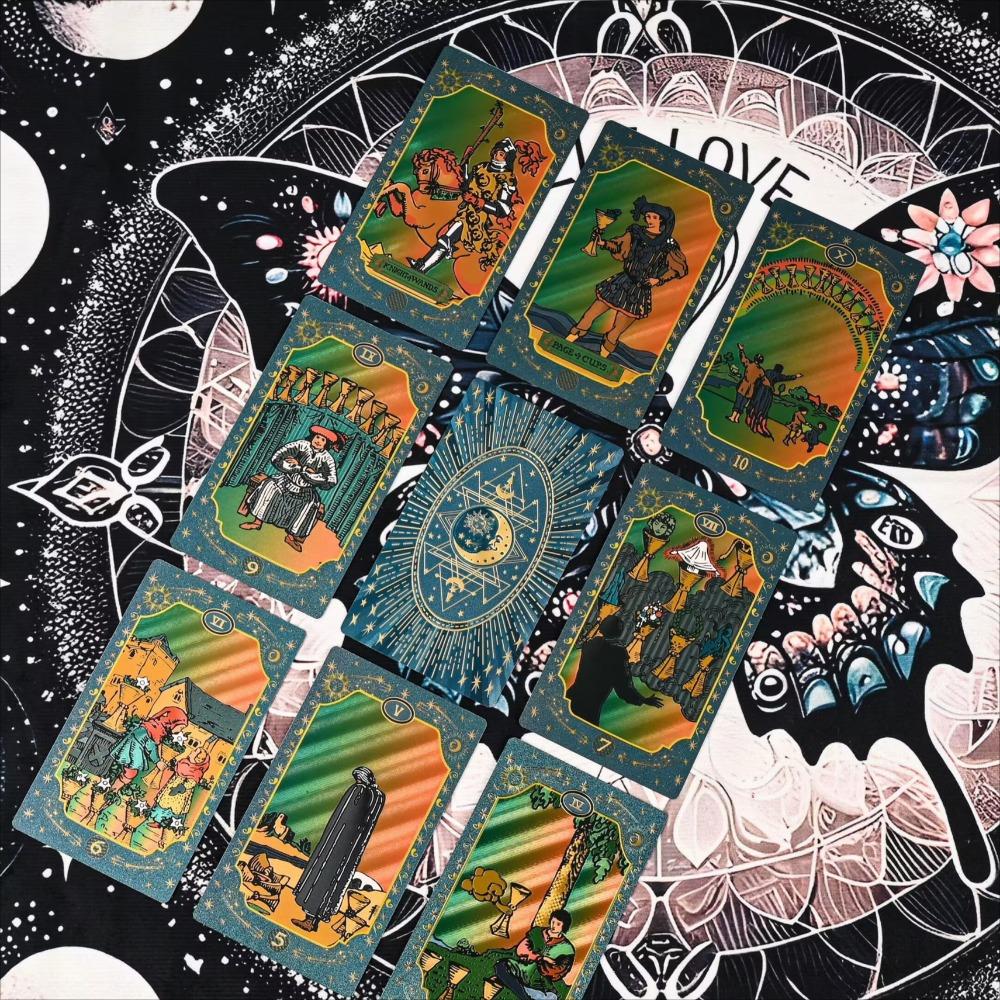 Карты Таро Blue Moon Smith, водонепроницаемые, с золотой фольгой, 12*7 см - колода для гадания с металлическим покрытием, мистический дизайн, 78 карт