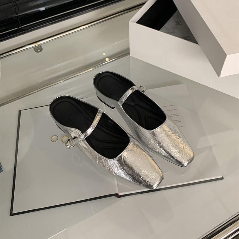 Тапочки Baotou, женская летняя верхняя одежда, весна и осень, новая корейская версия, французский вечерний бриз, темперамент, серебристые одинарные туфли на толстом каблуке