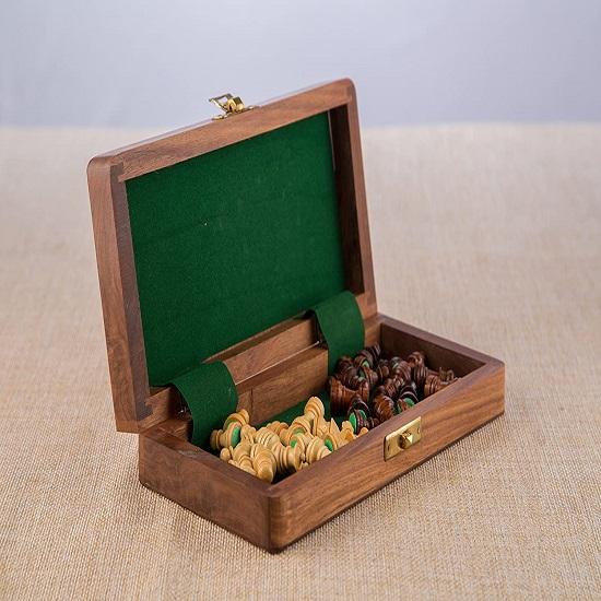 Wood Magnetic Chess Set with Folding Board and Chess Pieces Handmade Chess Board Set, Magnetic Chess Boards (7x7 In)