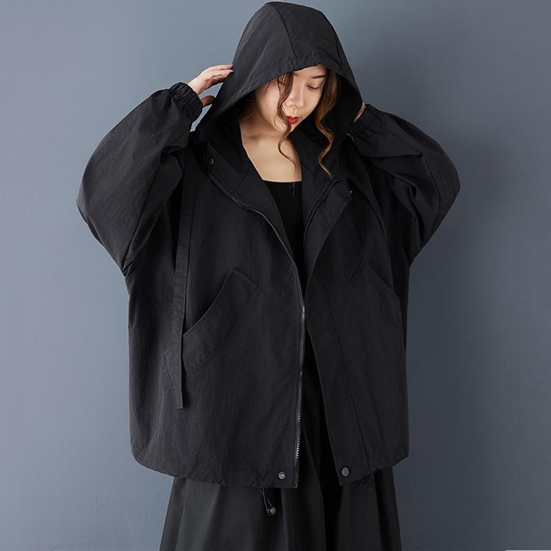 Винтажные черные куртки с капюшоном больших размеров для женщин Верхняя одежда повседневная свободная весенне-осенняя куртка-пальто