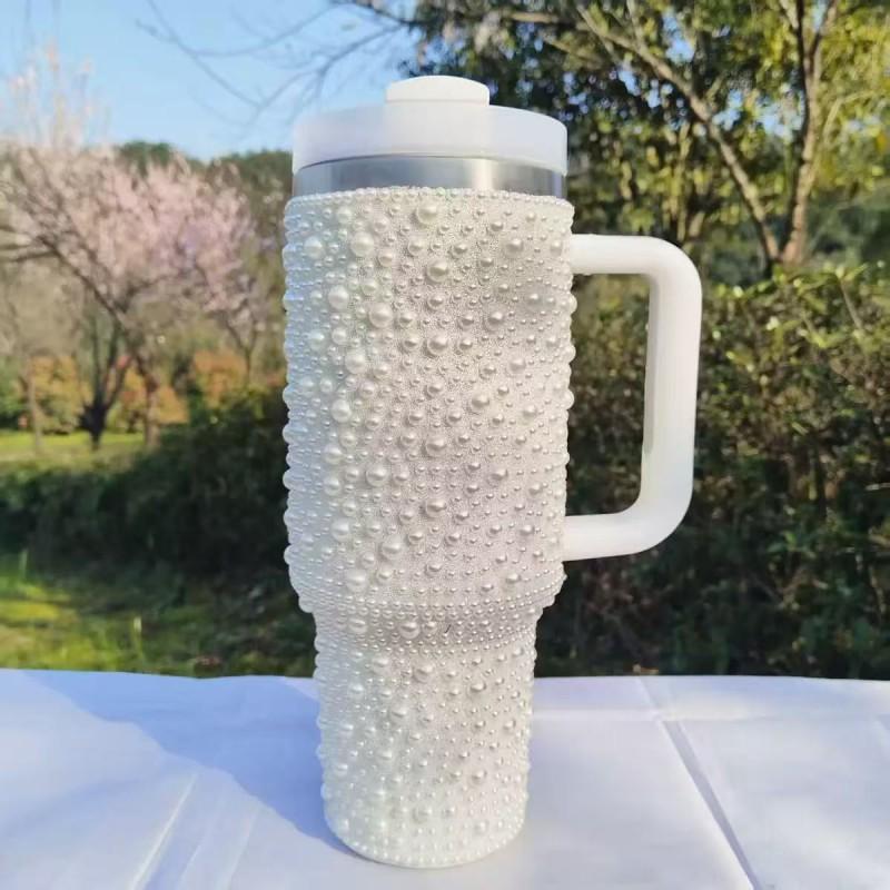 40oz Vacuum Insulated Stainless Steel Travel Mug With Handle Pearl Decorative Bead Accents Car Office Outdoor Use