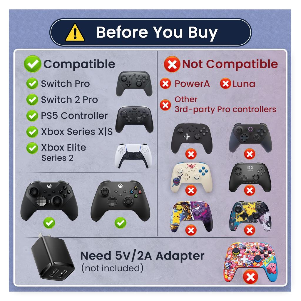 Зарядная станция для контроллеров Switch Pro Switch 2 Pro PS5 Xbox Series Elite со светодиодной индикацией, совместимая с Pro 5V2A Рекомендуется & Контроллеры,