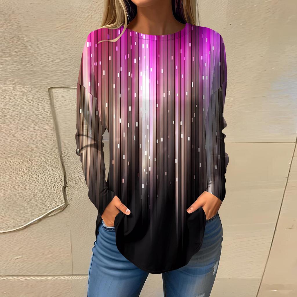 Tee Shirts For Women Fall Casual Long Sleeve Shirts Sweatshirt Geometric Stitching Printing Top Pullover