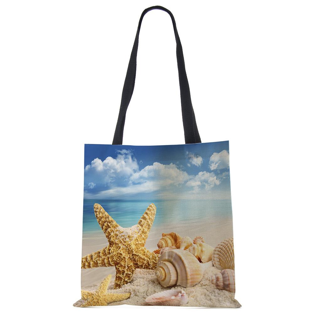 Женская сумка через плечо Голубой океан Морская звезда Пляжные следы Хозяйственная сумка Льняная ткань Красивая Повседневная Практичная Сумка KTY