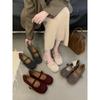 2025 Autumn and Winter New Korean Version Woolen Shallow Mouth Single Shoes with Wool Pads One Word with Plush Wool Shoes Mary Jane Shoes