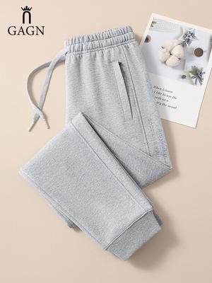 GAGN Женские хлопковые брюки с манжетами больших размеров - Утягивающие, Прямые, Светло-серые повседневные спортивные штаны для весны и осени