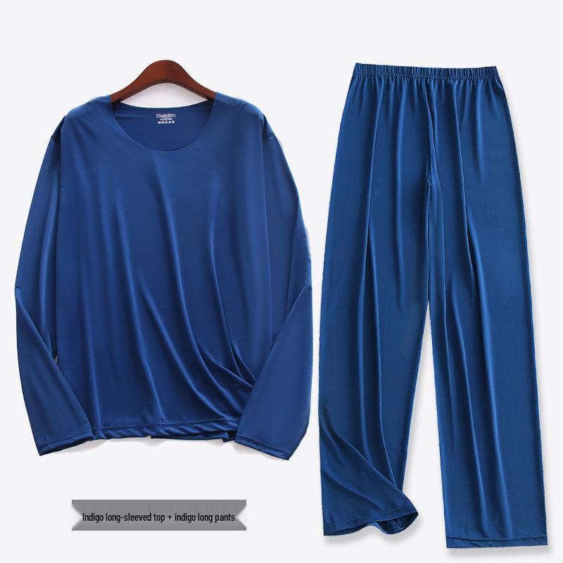 Liquid Ice Silk Ultra-Thin Men's Pajama Set - Spring/Summer Long Sleeve Top & 9/9 Length Pants, High Elastic Home Wear