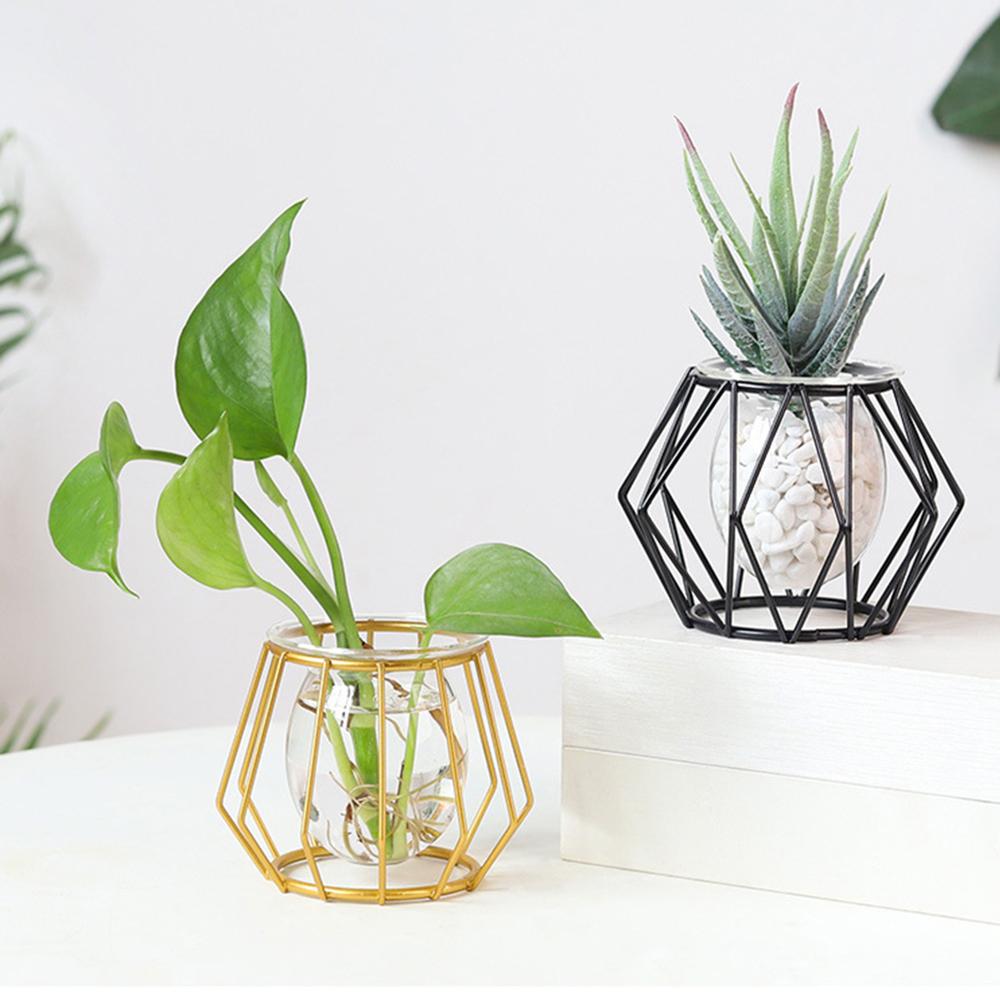Frame Home Decoration Iron Geometric Pattern Terrarium Metal Holder Hydroponic Vase Glass Planter