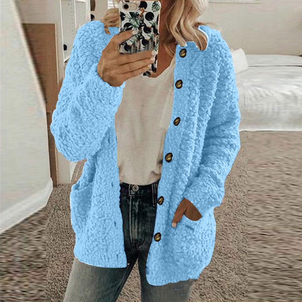 Women's Fashionable Solid Color Long Sleeved Single Breasted Pocket Round Neck Plush Jacket