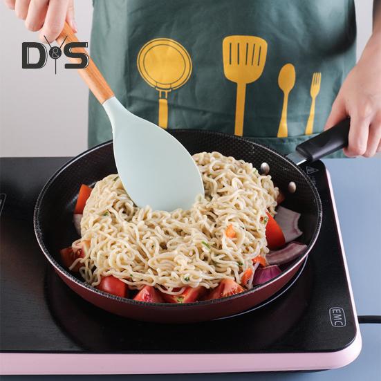 12 шт. силиконовый кухонный набор, лопатка, ложка, антипригарная жаропрочная кухонная утварь с деревянными ручками, ведро для хранения всей кухонной утвари