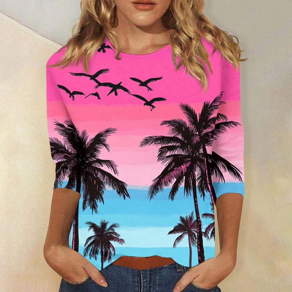 Женская модная повседневная футболка с круглым вырезом и рукавом 3/4, женский топ