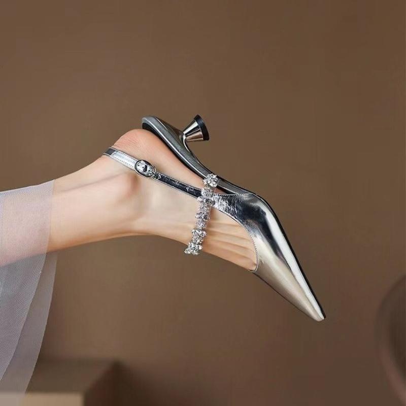 Женские босоножки, женские сексуальные туфли на высоком каблуке со стразами и пряжкой, женские повседневные туфли золотисто-серебристого цвета с острым носком, трендовые летние туфли-лодочки