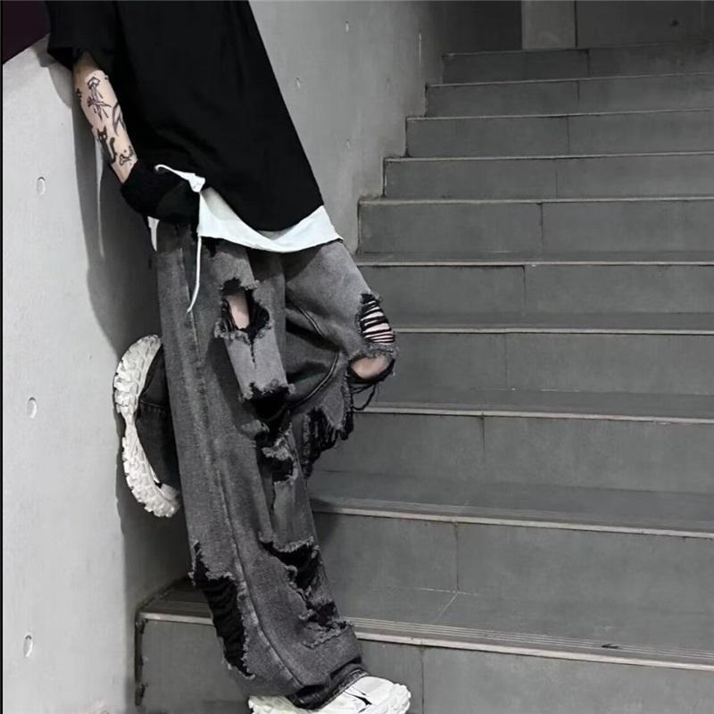 Джинсы в американском стиле Old Ruffian Handsome с широкими штанинами и рваными деталями, уличные свободные прямые брюки для мужчин